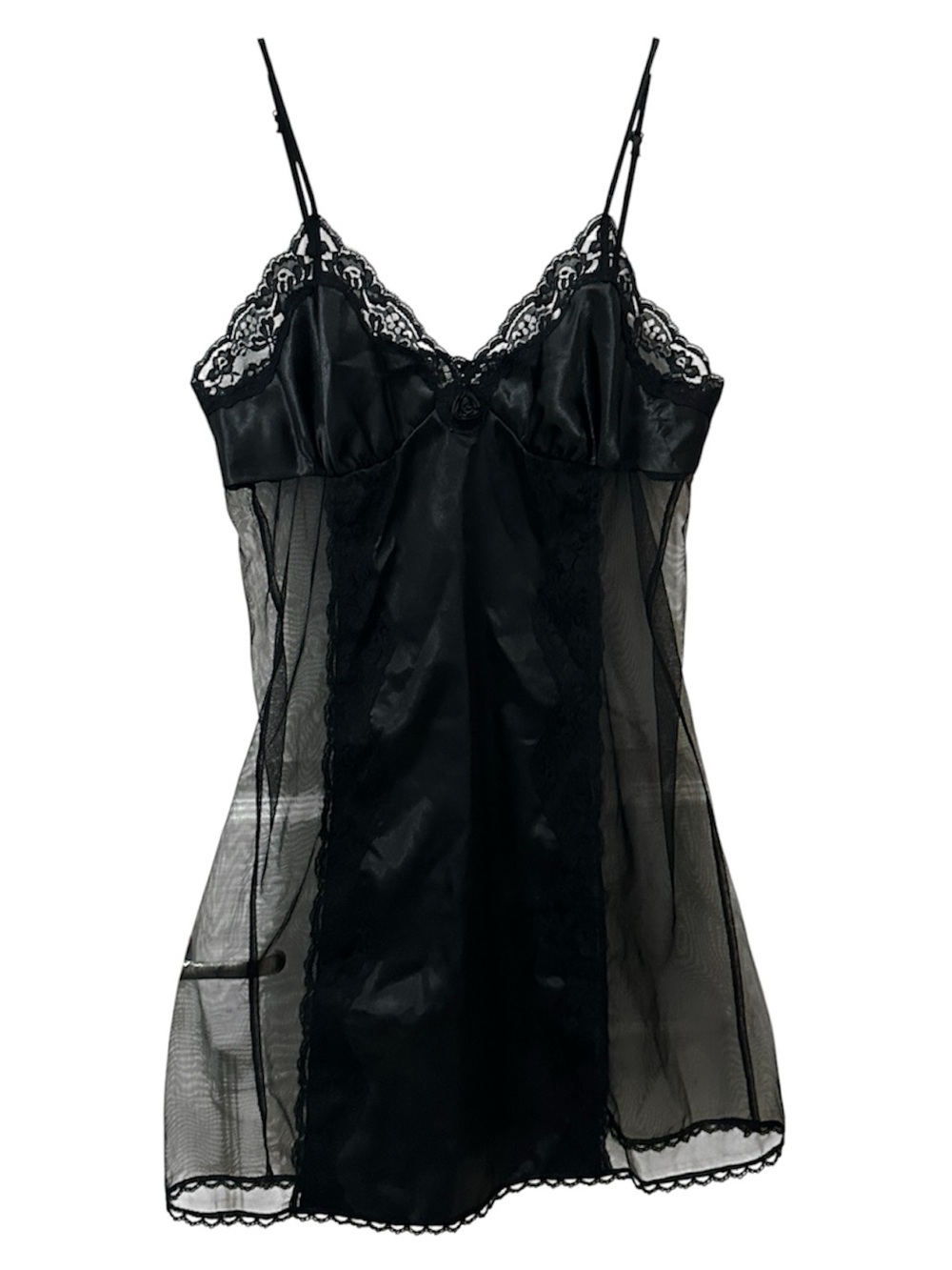 Vintage Fredericks of Hollywood black satin sheer mesh chemise slip dress size M
